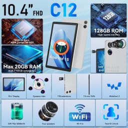 URAO New C12 10.36in A523 Octa-Core Single Tablet Widevine L1 Full HD Streaming Latest Android 15 20GB RAM 128GB Storage 5000mAh Battery Black Silver Ultra Thin Portable Entertainment Tablet For UK No Bundle