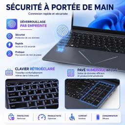 15.6-inch Full HD IPS Laptop with Intel Core i3, Windows 11 Pro, 16 GB RAM, 512 GB SSD, Wi‑Fi 5, Bluetooth 5.0, French keyboard, keyboard protective film, fingerprint reader, lightweight laptop for students, work, and desk use, 1920x1080 display