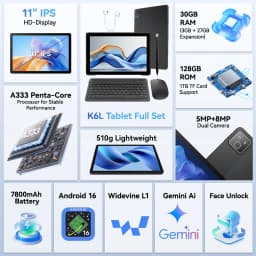 BUFO K6L 10.95 Inch Android 16 Tablet Bundle 30GB(3+27) RAM 128GB ROM A333 5-Core Processor 1280*800 IPS Screen 7800mAh Battery 5MP+8MP Camera Expandable 1TB TF With Keyboard Case Stylus Mouse Earphone Full Productivity Suite Tablet PC