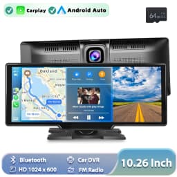 Podofo Universal 10.26" Portable Smart Player Wireless Carplay Android Auto Car Stereo Digital Dashboard With Foward Camera BT