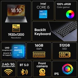 HYPERSTRIX 16' Laptop Computer Core I5 (up to 3.6GHz) 16GB RAM, 512GB SSD, Notebook PC, 1920 X 1200 FHD 16:10 Display, with BT5.0 Wi-Fi, USB A, HDMI, RJ45, Backlit Keyboard