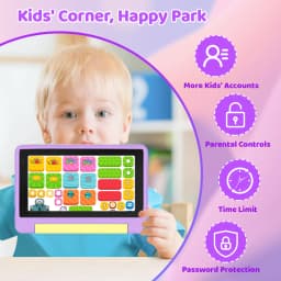 KT1018L Kids Tablet Bundle Complete Gift Set 7 Inch Small Portable Children Tablet Quad Core 8GB(2+6) RAM 64GB ROM Android13 2500mAh Battery Parental Control Lavender Blue Toddler Learning Tablet With Headphone & Storage Bag