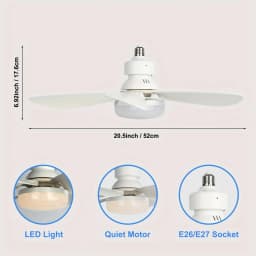 Socket Fan Light, 20.5in Small Ceiling Fan with LED, E26/27 Cordless Light Screw Fan for Kitchen Bedroom, Small Room