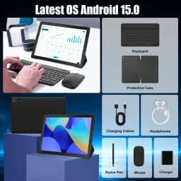 11 inch Android 15 Tablet PC 24(4+20)GB RAM 128GB ROM A523 Octa‑Core HD LCD 6800(8200)mAh Adult Tablet Full Set with Keyboard Mouse Case Stylus Pen Headphones Charger White Black