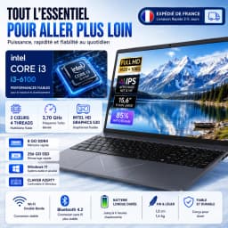 15.6-inch Full HD IPS Laptop with Intel Core i3, Windows 11 Pro, 16 GB RAM, 512 GB SSD, Wi‑Fi 5, Bluetooth 5.0, French keyboard, keyboard protective film, fingerprint reader, lightweight laptop for students, work, and desk use, 1920x1080 display