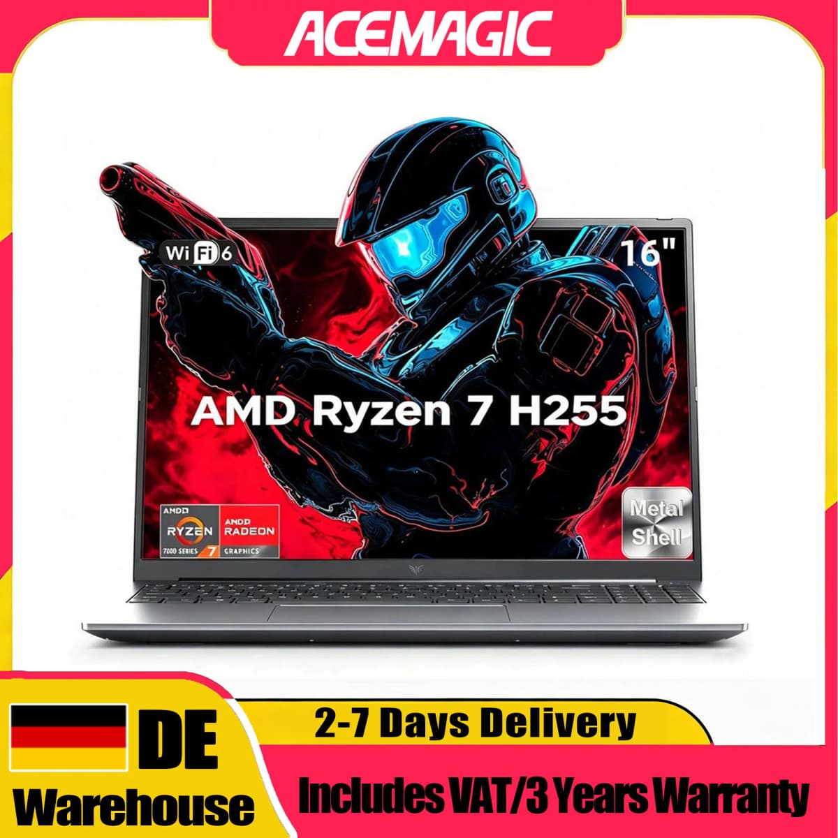 ACEMAGIC S16 16 Inch Laptop 24GB LPDDR5 RAM 512GB SSD AMD Ryzen 7 H255 Windows 11 Pro WiFi 6 Notebook AMD Radeon™ 780M Backlit Keyboard up to 4.9GHz 180° Foldable