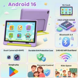 BUFO Kids Tablet 10.1 Inch Five Core Processor 24GB(3+21) RAM 64GB ROM Android 16 IPS HD Display 6000mAh Battery Parental Control Dual Camera TF 1TB Expand WiFi Children Learning Gaming Tablet Only Tablet
