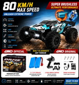 SZWDSE 1:16 Scale 4WD Off Road RC Car, Brushed 50KM/H & Brushless 80KM/H High Speed All Terrain Drift Buggy Truck, Remote Control Racing Toy with Dual Batteries for Kids Adults