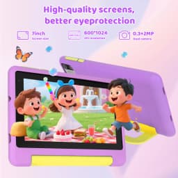 KT1018L Kids Tablet Bundle Complete Gift Set 7 Inch Small Portable Children Tablet Quad Core 8GB(2+6) RAM 64GB ROM Android13 2500mAh Battery Parental Control Lavender Blue Toddler Learning Tablet With Headphone & Storage Bag
