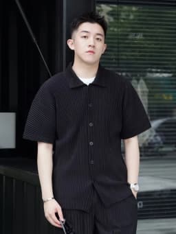 Miyake Pleated Short Sleeve Shirt Casual Solid Color Shirts Summer Button Lapel Top Men