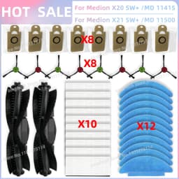 Fit For Medion X20 SW+ / MD 11415, Medion X21 SW+ / MD 11500 Vacuum Parts Main Roller Side Brush Hepa Filter Mop Cloth Dust Bag