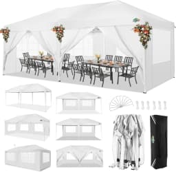 3x6m Folding Pavilion Waterproof Stable Party Tent with 6 Side Panels Pop-up Garden Canopy 3 Height Adjustable for Beach,Wedding