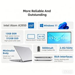 Xiaman 14.1" Laptop Computer Windows 11 Pro Intel Atom A3950 Ultra Slim Notebook PC 12GB 1TB 1920*1080P Office Study Computer PC