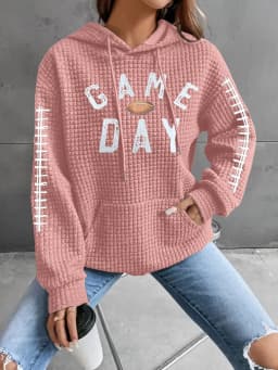 Women's Winter Thick Waffle Knit Solid Color Round Neck Pocket Sweatshirt Hip Length Crinkled Hoodie Women's Hoodies And