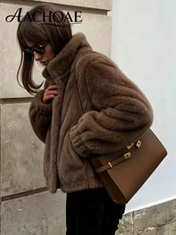 AACHOAE Women Faux Fur Jacket Winter Coat Stand Collar Long Sleeve Snap Button Warm Loose Casual Elegant Outerwear