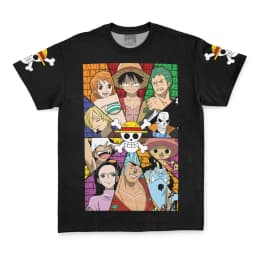 Men's One Piece Straw Hat Pirates Crew Front Back Matching T-Shirt, Anime Luffy Zoro Nami Chopper Graphic Otaku Streetwear Short