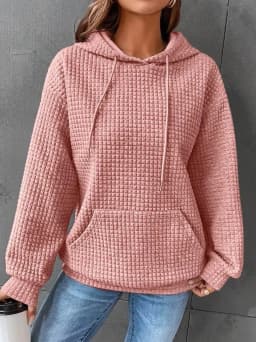 Women's Winter Thick Waffle Knit Solid Color Round Neck Pocket Sweatshirt Hip Length Crinkled Hoodie Women's Hoodies And