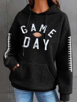 Women's Winter Thick Waffle Knit Solid Color Round Neck Pocket Sweatshirt Hip Length Crinkled Hoodie Women's Hoodies And