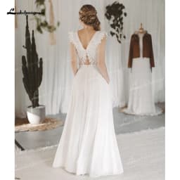 Simple Boho V-neck Sexy Open Back Button Lace Appliques Jumpsuit Wedding Dress Chiffon Bridal Gown Short Top Vestido Customized