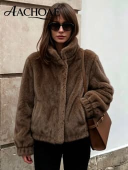 AACHOAE Women Faux Fur Jacket Winter Coat Stand Collar Long Sleeve Snap Button Warm Loose Casual Elegant Outerwear