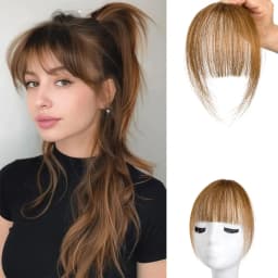 Clip In French Hair Bangs 100% Human Hair Extensions Wispy Bangs for Women Curved Fake Bangs with Fringe Temples Hairpieces