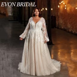 EVON BRIDAL Wedding Dress Plus Size V-Neck Puff Sleeves Applique A-Line Backless Lace Bride Gowns Sweep Train Vestido De Novia