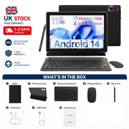 11 inch Android 15 Tablet PC 24(4+20)GB RAM 128GB ROM A523 Octa‑Core HD LCD 6800(8200)mAh Adult Tablet Full Set with Keyboard Mouse Case Stylus Pen Headphones Charger White Black