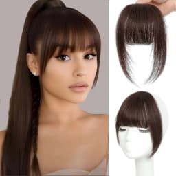 Clip In French Hair Bangs 100% Human Hair Extensions Wispy Bangs for Women Curved Fake Bangs with Fringe Temples Hairpieces