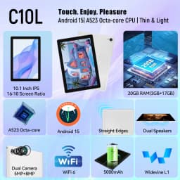 10.1 Inch Android15 Tablet Bundle Set Octa‑Core A523,20GB(3+17GB Virtual)RAM 64GB ROM 1TB Expandable,Widevine L1 IPS 16:10 Display WiFi6 Face ID Unlock 5000mAh Dual Speakers Full Kit with Keyboard Mouse Case Stylus Earbuds for Study Office