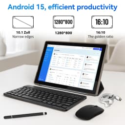 10.1 Inch Android15 Tablet Bundle Set Octa‑Core A523,20GB(3+17GB Virtual)RAM 64GB ROM 1TB Expandable,Widevine L1 IPS 16:10 Display WiFi6 Face ID Unlock 5000mAh Dual Speakers Full Kit with Keyboard Mouse Case Stylus Earbuds for Study Office