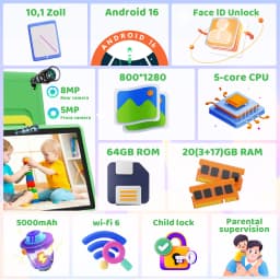 Kids Tablet 10.1 Inch Android 16 Tablet PC 20(3+17)GB RAM 64GB ROM A333 Five‑Core HD LCD Display 5000mAh Children Learning Tablet Only Tablet No Accessories Pink Green