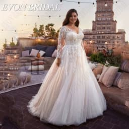 EVON BRIDAL Plus Size Wedding Dresses For Bride Long Sleeves V-Neck Bride Gowns A-Line Vestidos De Novia Talla Grande Customized