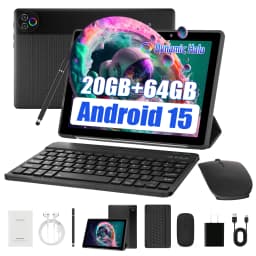 10.1 Inch Android 15 Tablet PC 20(3+17)GB RAM 64GB ROM A333 Five‑Core HD LCD 5000mAh Adult Tablet Full Set with Keyboard Mouse Case Stylus Pen Headphones Black White