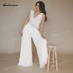 Simple Boho V-neck Sexy Open Back Button Lace Appliques Jumpsuit Wedding Dress Chiffon Bridal Gown Short Top Vestido Customized