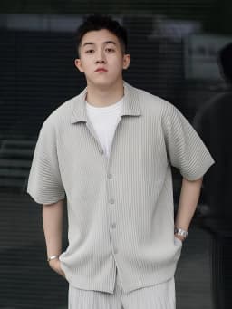 Miyake Pleated Short Sleeve Shirt Casual Solid Color Shirts Summer Button Lapel Top Men