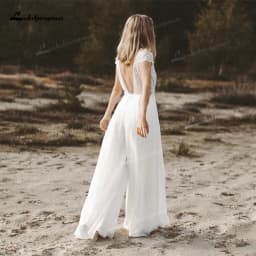 Boho Simple V-neck Sexy Backless Button Sashes Lace Jumpsuit Wedding Dress Chiffon Bridal Gown Short Cap Sleeve Vestido De Noiva