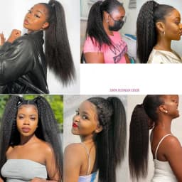 Kinky Straight Wrap Drawstring Kinky Straight Human Hair Ponytail for Balck Women Yaki Straight Remy Human Hair Ponytail #1B