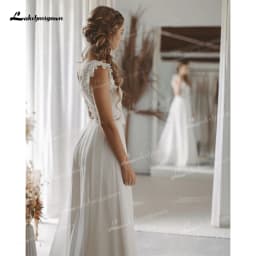 Simple Boho V-neck Sexy Open Back Button Lace Appliques Jumpsuit Wedding Dress Chiffon Bridal Gown Short Top Vestido Customized