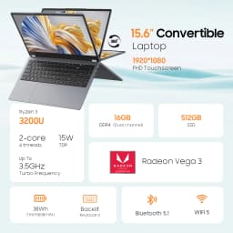 HYPERSTRIX 2 in 1 Touchscreen 15.6 inch Laptop Ryzen R3-3200U (up to 3.5GHz) Notebook PC 16GB RAM 512GB SSD 360° Rotation FHD IPS Laptop Backlit Keyboard TypeC RJ45 WIFI 5 HDMI