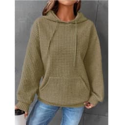 Women's Winter Thick Waffle Knit Solid Color Round Neck Pocket Sweatshirt Hip Length Crinkled Hoodie Women's Hoodies And