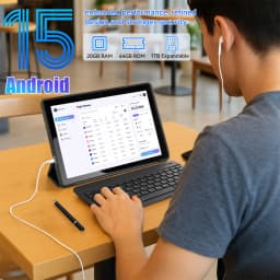 10.1 Inch Android15 Tablet Bundle Set Octa‑Core A523,20GB(3+17GB Virtual)RAM 64GB ROM 1TB Expandable,Widevine L1 IPS 16:10 Display WiFi6 Face ID Unlock 5000mAh Dual Speakers Full Kit with Keyboard Mouse Case Stylus Earbuds for Study Office