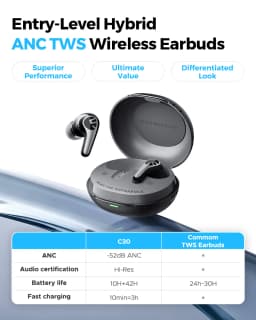 SOUNDPEATS C30 Wireless Earbuds -52dB Hybrid ANC Bluetooth 6.0 Headphones Hi-Res LDAC Audio, 6 Mics ENC, Fast Charge IP54