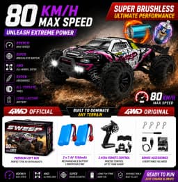 SZWDSE 1:16 Scale 4WD Off Road RC Car, Brushed 50KM/H & Brushless 80KM/H High Speed All Terrain Drift Buggy Truck, Remote Control Racing Toy with Dual Batteries for Kids Adults