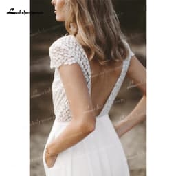 Boho Simple V-neck Sexy Backless Button Sashes Lace Jumpsuit Wedding Dress Chiffon Bridal Gown Short Cap Sleeve Vestido De Noiva