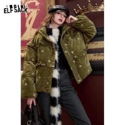 ELFSACK Winter Bow Embroidery Down Jacket for Women, Sweet And Cute Warm Velvet Cloth Thick Warm Coat