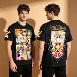 Men's One Piece Straw Hat Pirates Crew Front Back Matching T-Shirt, Anime Luffy Zoro Nami Chopper Graphic Otaku Streetwear Short
