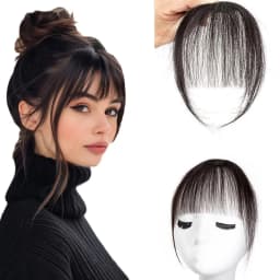 Clip In French Hair Bangs 100% Human Hair Extensions Wispy Bangs for Women Curved Fake Bangs with Fringe Temples Hairpieces