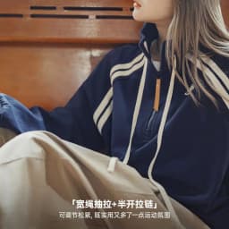 Maden Women’s Vintage Navy Half-zip Sweatshirt Stand Collar Pullover Long Sleeve Preppy Style Cotton Retro Casual Tops Fall