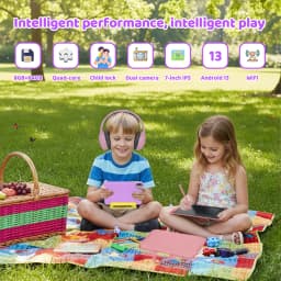 KT1018L Kids Tablet Bundle Complete Gift Set 7 Inch Small Portable Children Tablet Quad Core 8GB(2+6) RAM 64GB ROM Android13 2500mAh Battery Parental Control Lavender Blue Toddler Learning Tablet With Headphone & Storage Bag