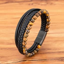 TYO High Quality Natural Stone Tiger Eye Beaded Bracelets Woven Leather Bangles Men Classic Fashion Magnet Clasp Jewelry Gifts